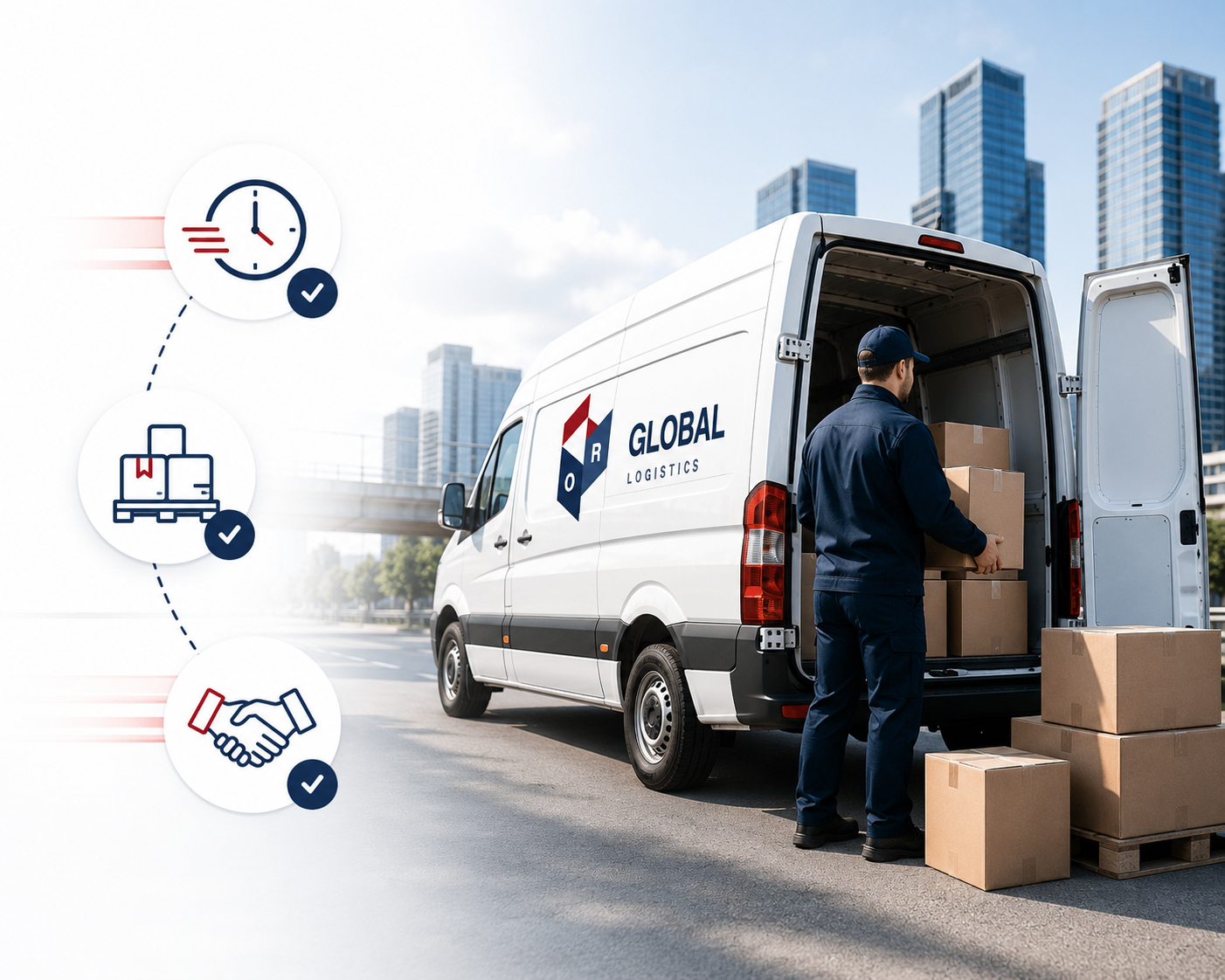 Courier delivering a parcel from a van