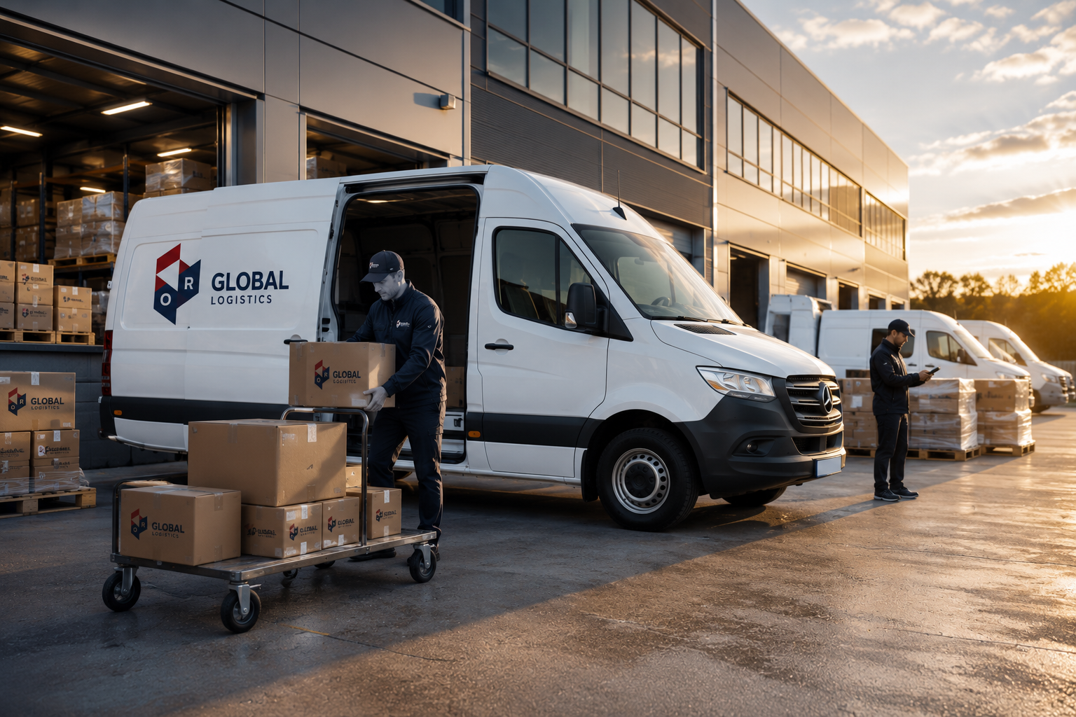 Courier delivering a parcel from a van