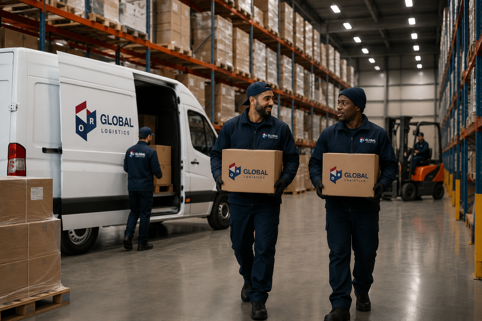 Logistics crew handling goods in a warehouse