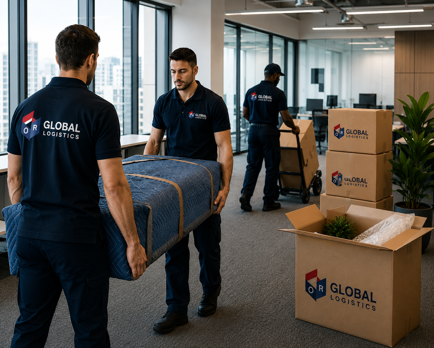 Movers carrying cardboard boxes